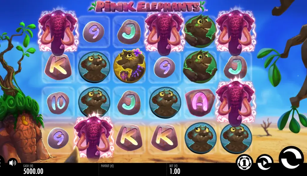 Triggered free spins bonus round in Thunderkick's Pink Elephants slot